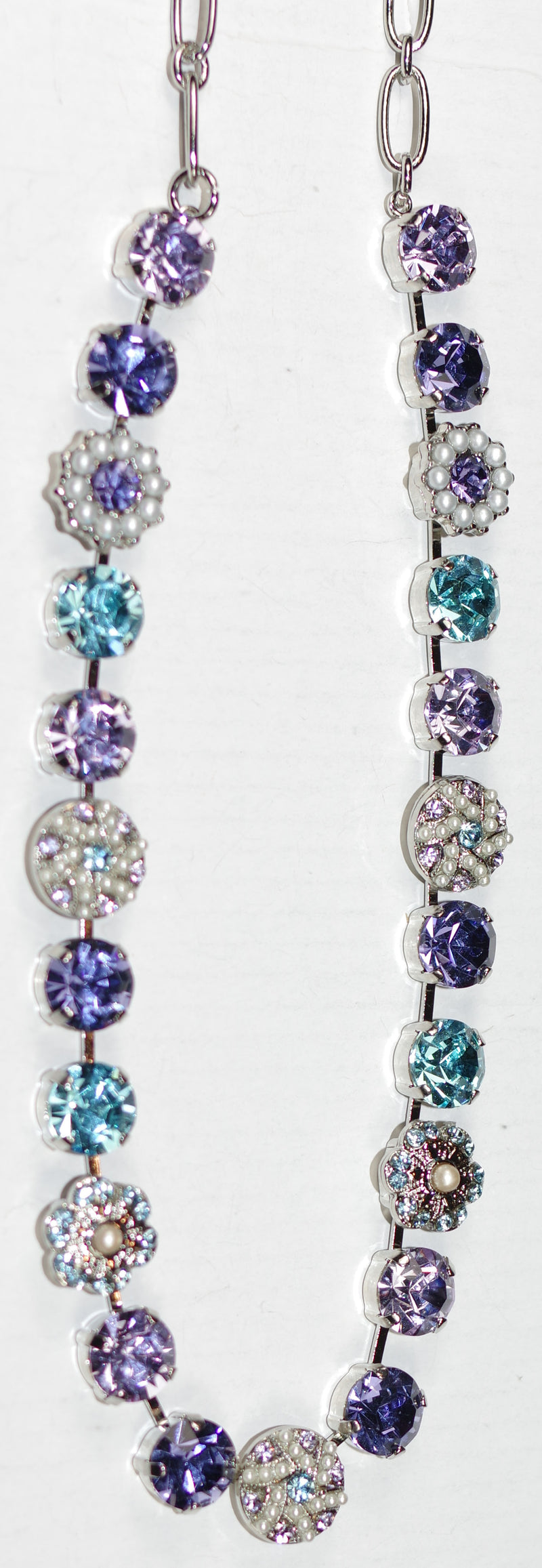 MARIANA NECKLACE BLUE MOON: 1/2" purple, blue, pearl stones, 18" adjustable silver rhodium chain