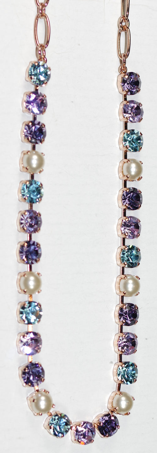 MARIANA NECKLACE BETTE BLUE MOON: purple, blue, pearl 1/4" stones in rosegold setting, 17" adjustable chain