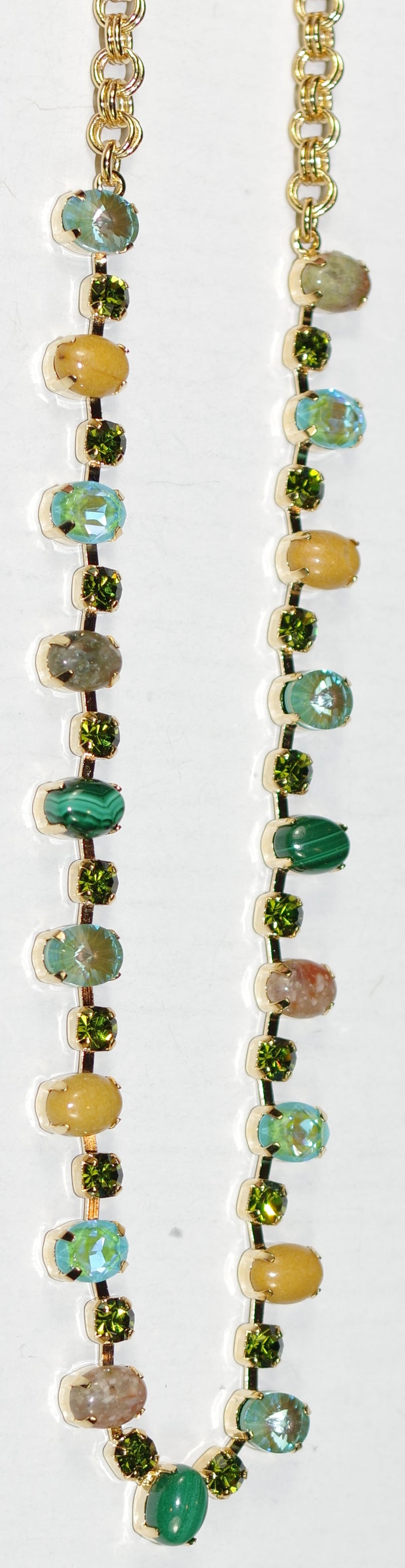 MARIANA NECKLACE PISTACHIO: blue, yellow, green, natural stones in yellow gold setting, 18" adjustable chain