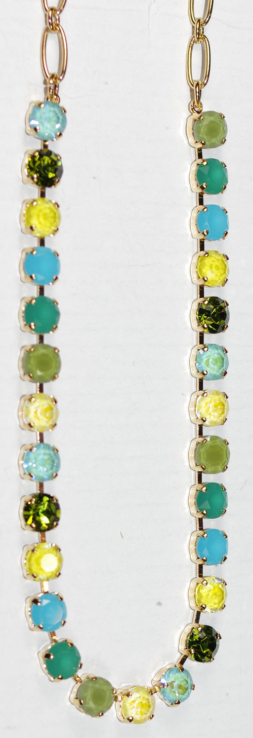 MARIANA NECKLACE BETTE PISTACHIO: yellow, green, blue 1/4" stones in yellow gold setting, 17" adjustable chain
