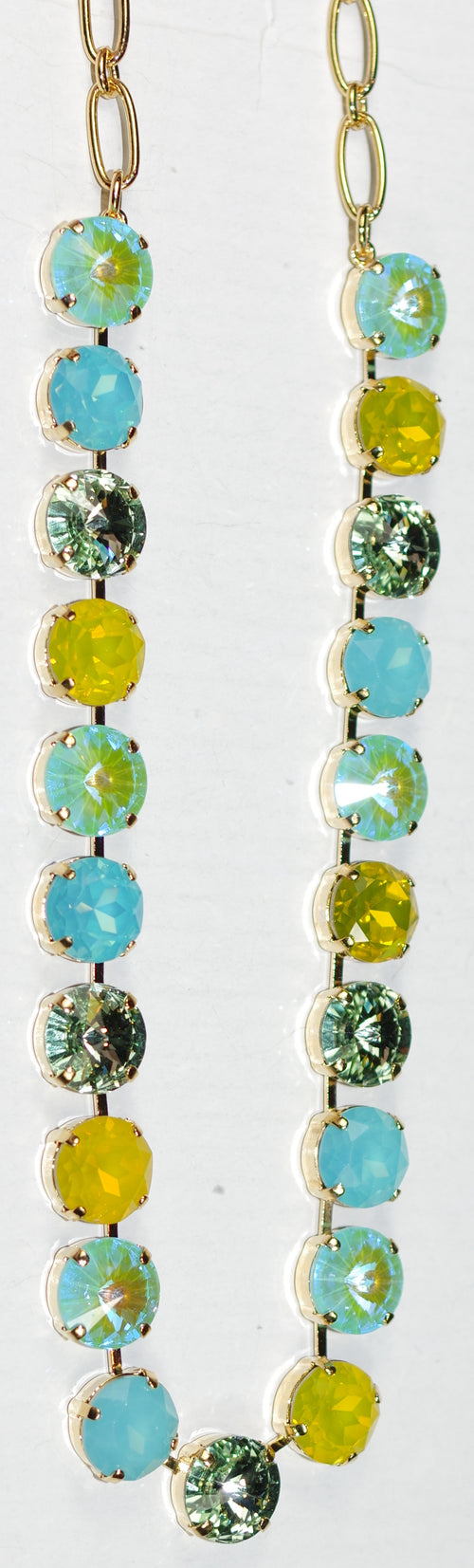 MARIANA NECKLACE PISTACHIO: yellow, green, blue 1/2" stones in yellow gold setting, 18" adjustable chain