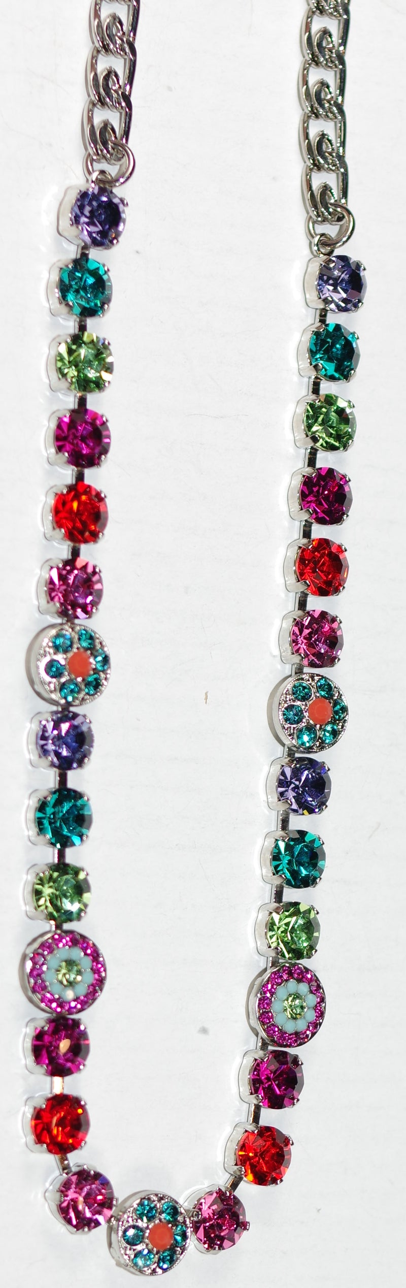 MARIANA NECKLACE RAINBOW SHERBERT: green, teal, pink, purple, orange 1/4" stones in silver rhodium setting, 18" adjustable chain