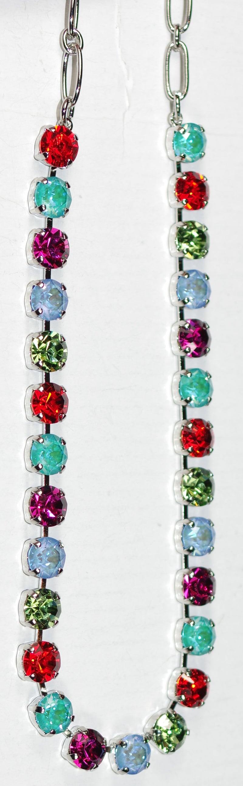 MARIANA NECKLACE BETTE RAINBOW SHERBERT: blue, pink, orange, green, teal 1/4" stones in silver rhodium setting, 17" adjustable chain