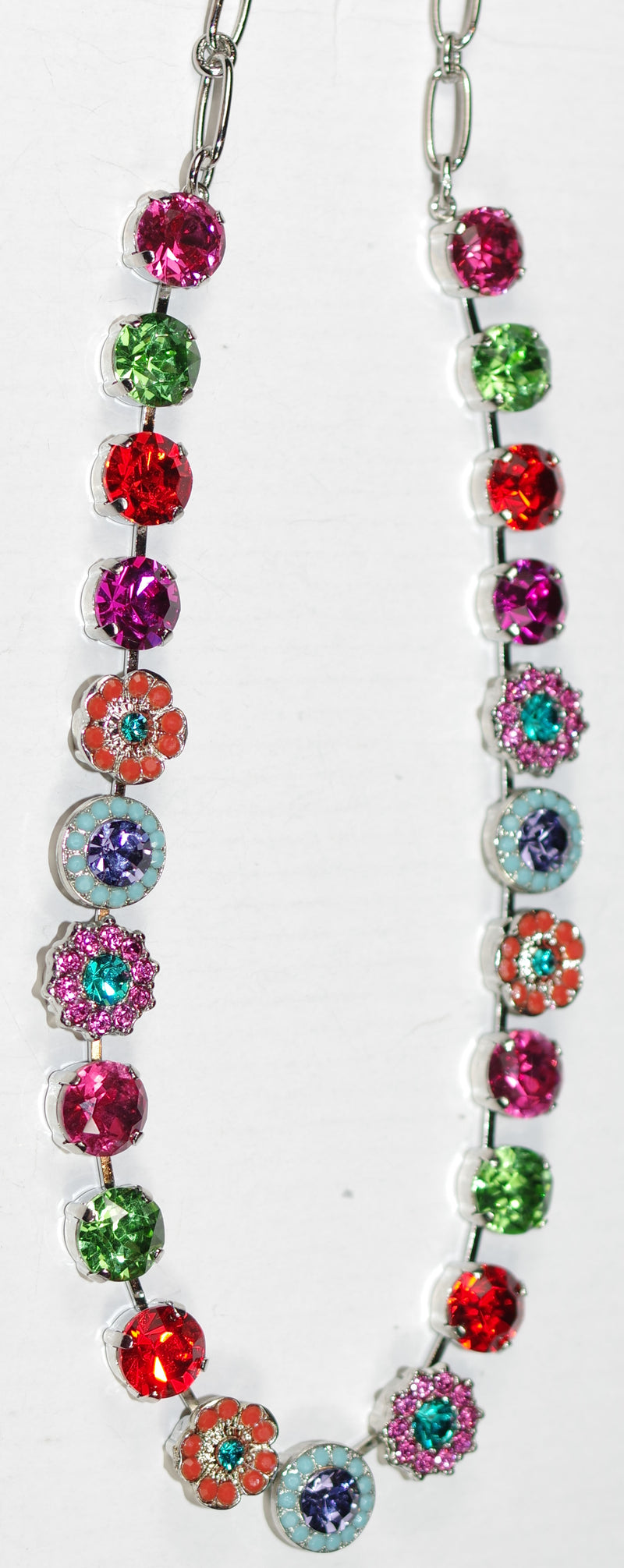 MARIANA NECKLACE RAINBOW SHERBERT: pink, orange, green, blue, purple 1/2" stones in silver rhodium setting, 18" adjustable chain