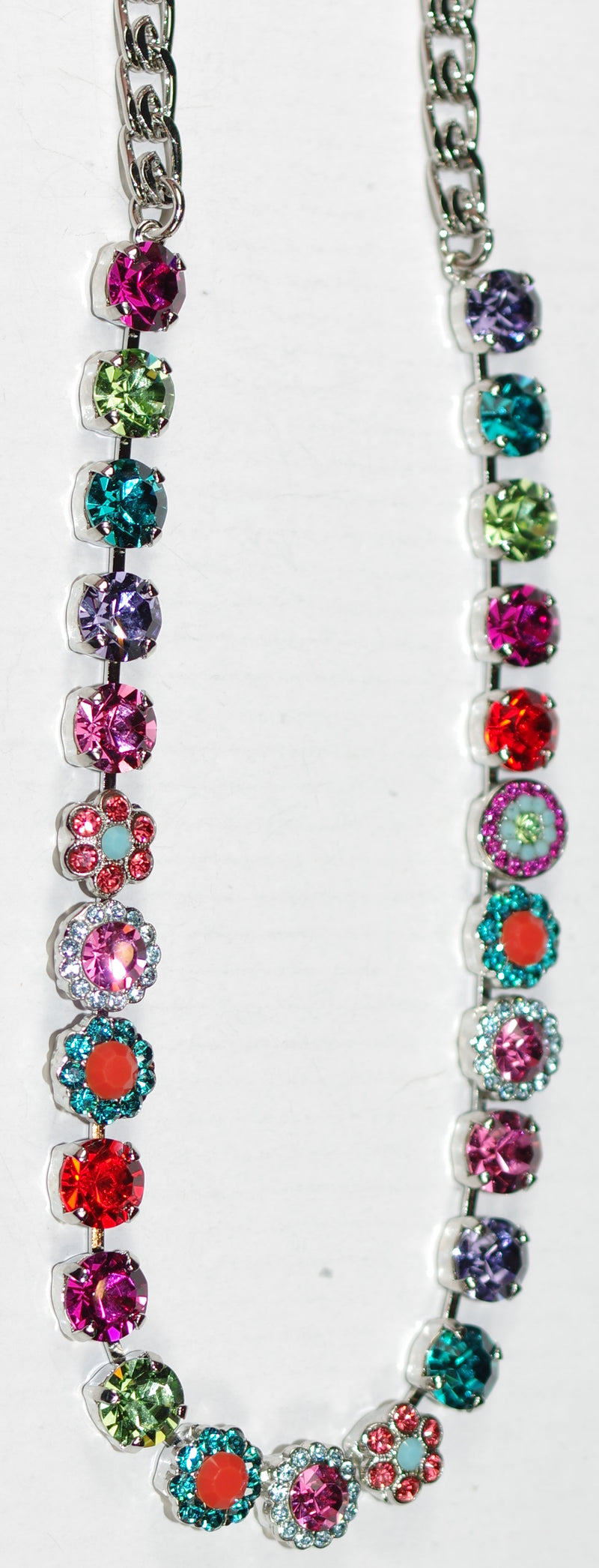 MARIANA NECKLACE RAINBOW SHERBERT: pink, orange, blue, green, teal, purple 1/2" stones, 20" adjustable silver rhodium chain