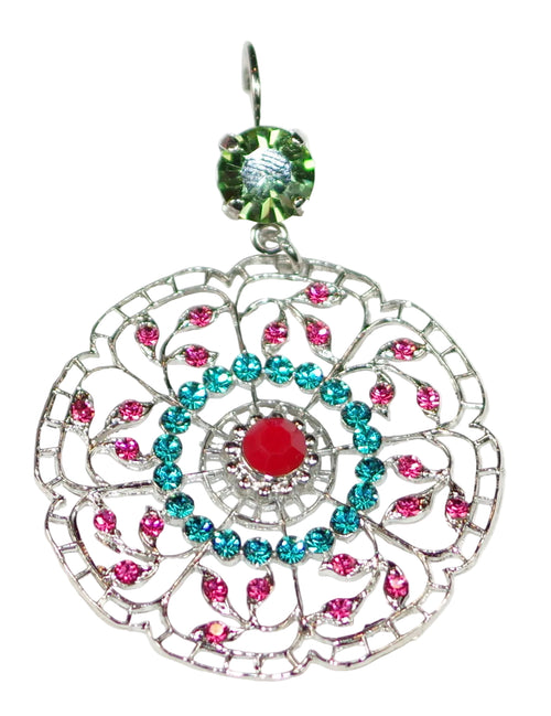 MARIANA EARRINGS RAINBOW SHERBERT: teal, orange, green stones in 2" silver rhodium setting, lever back