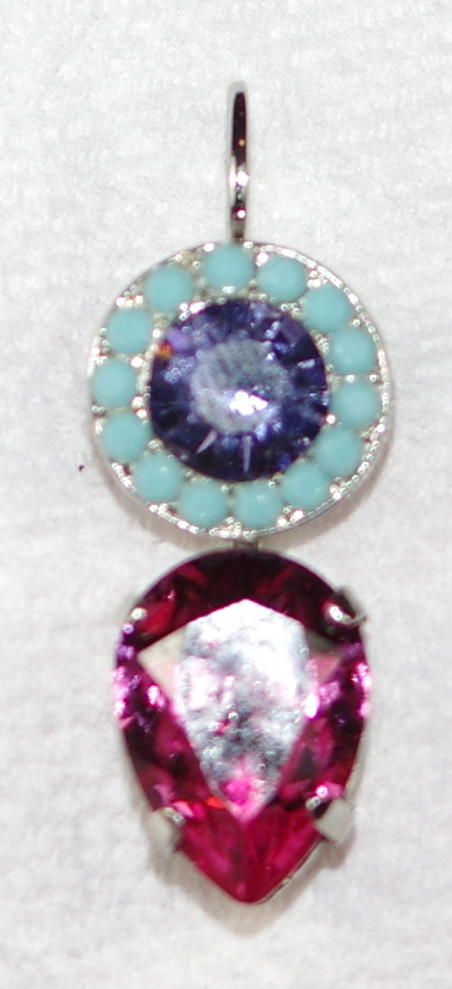 MARIANA EARRINGS RAINBOW SHERBERT: blue, pink, purple stones in 1" silver rhodium setting, lever back