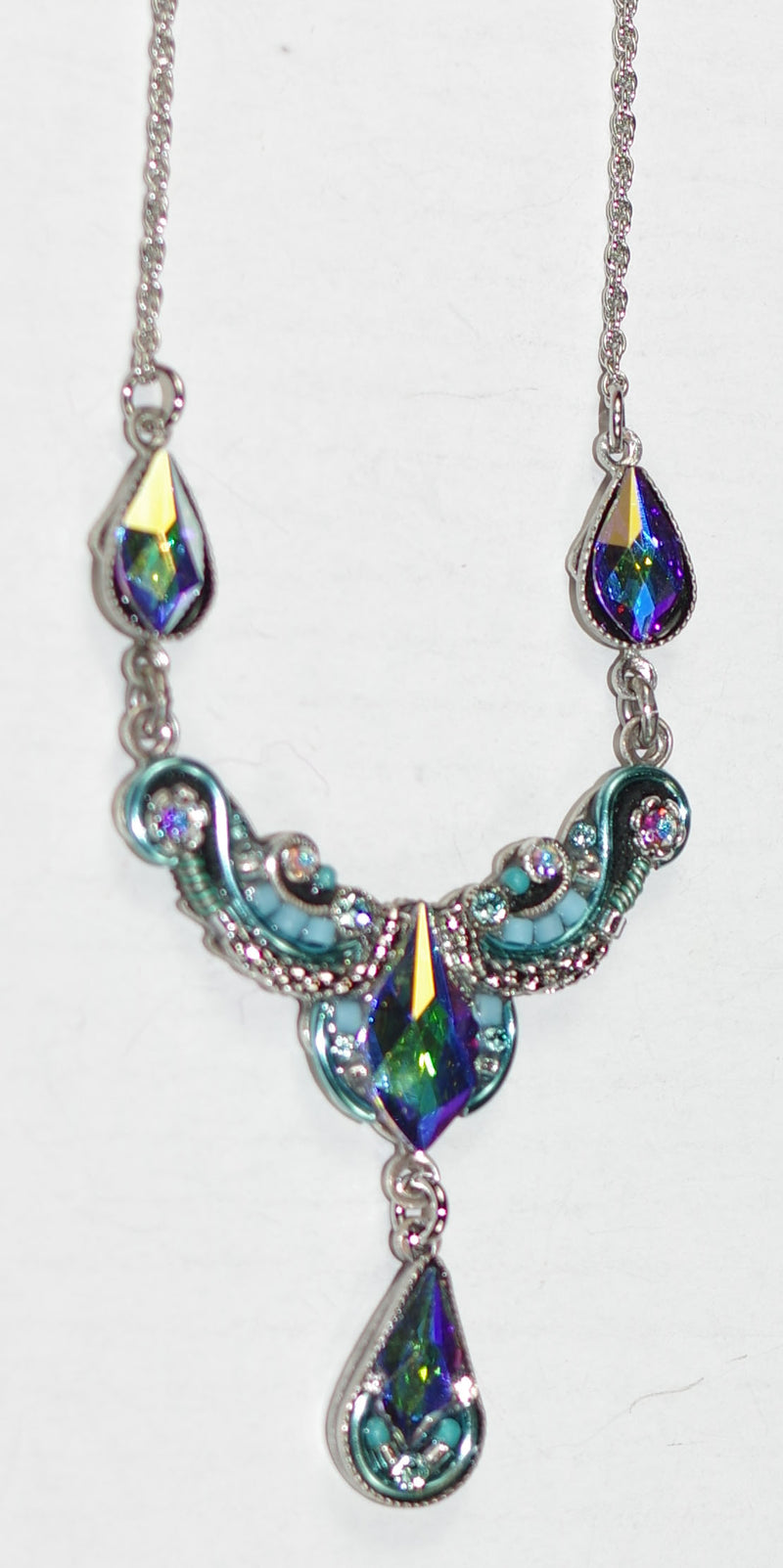 FIREFLY NECKLACE LILY ORGANIC ICE: multi color stones in 2 " wide setting, silver 18" adjustable chain