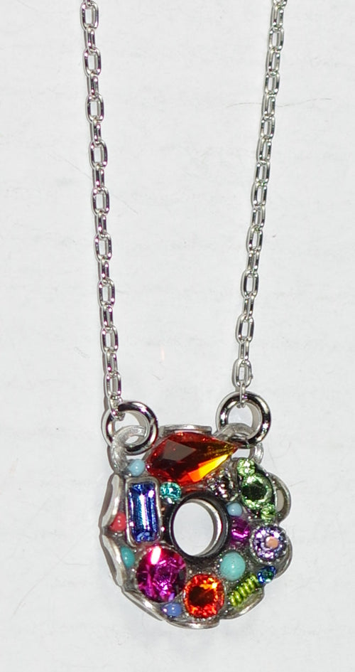 FIREFLY NECKLACE BEJEWELED SMALL CIRCLE MC: multi color stones in 1/2" wide silver setting, 16" adjustable chain