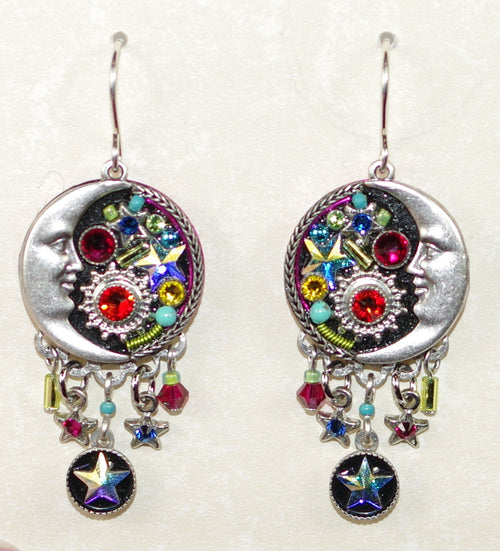 FIREFLY EARRINGS LUNA W/DANGLES MC: multi color stones in 1.25" silver setting, wire backs