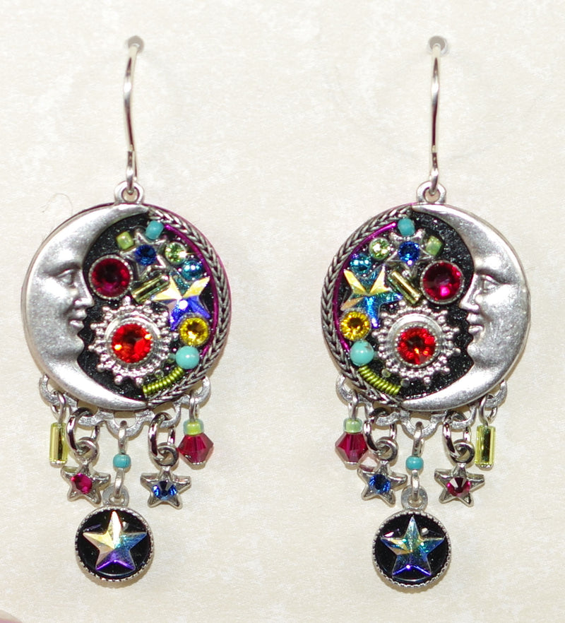 FIREFLY EARRINGS LUNA W/DANGLES MC: multi color stones in 1.25" silver setting, wire backs