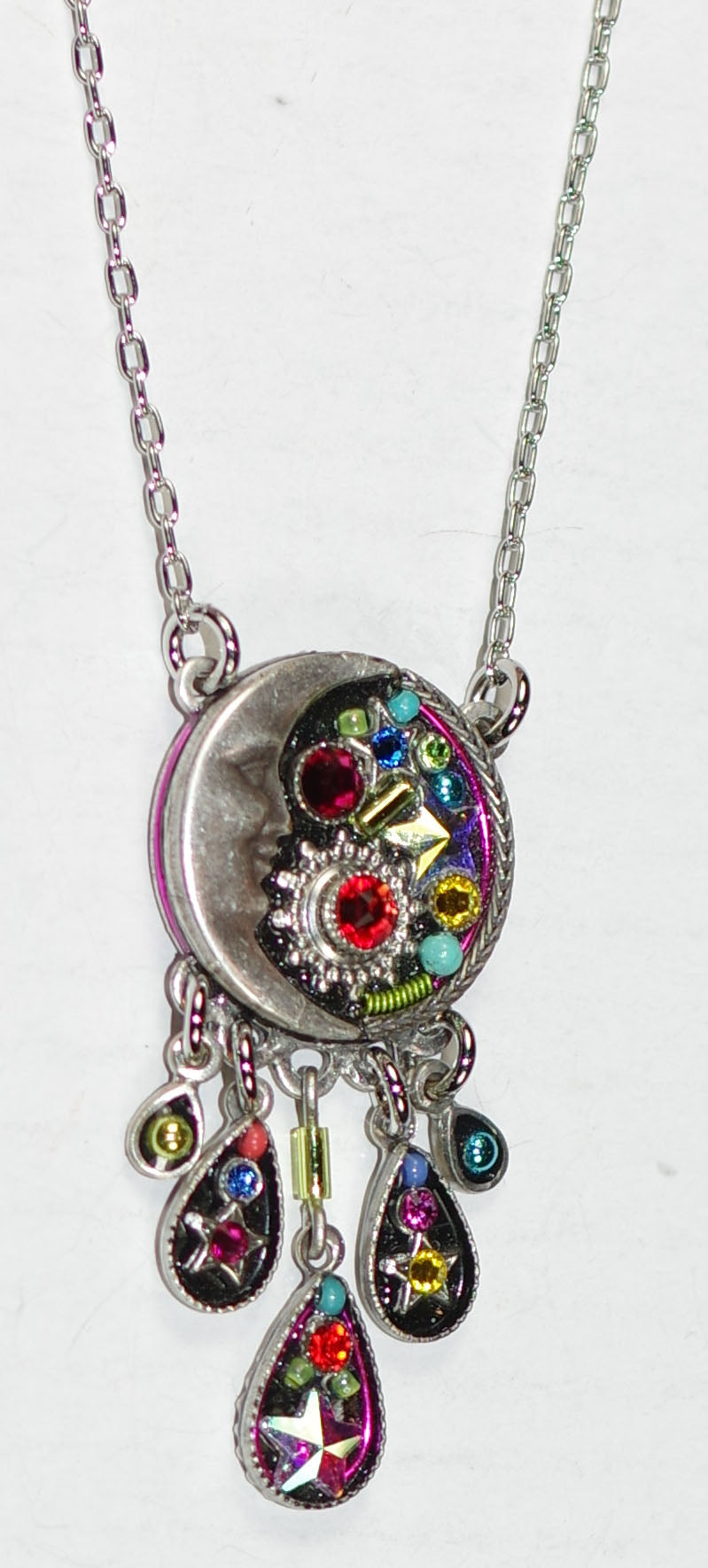 FIREFLY NECKLACE LUNA CIRCULAR W/TEAR DROP DANGLES MC: multi color stones in 1.5" wide silver setting, 16" adjustable chain