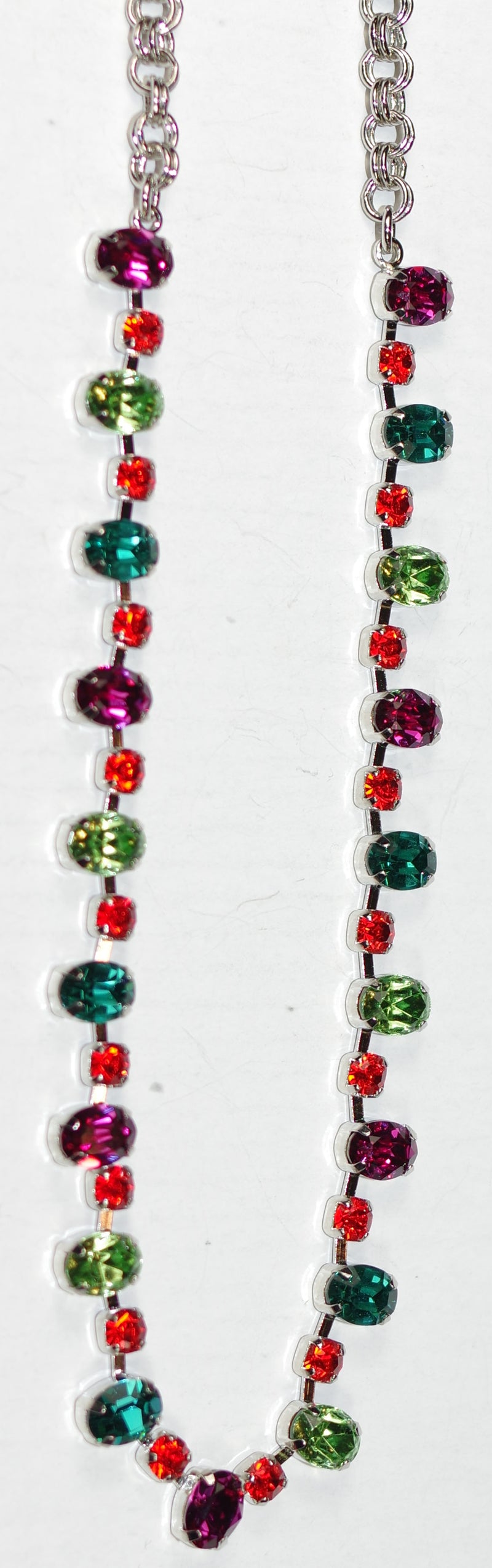 MARIANA NECKLACE RAINBOW SHERBERT: pink, green, orange, blue stones in silver rhodium setting, 18" adjustable chain