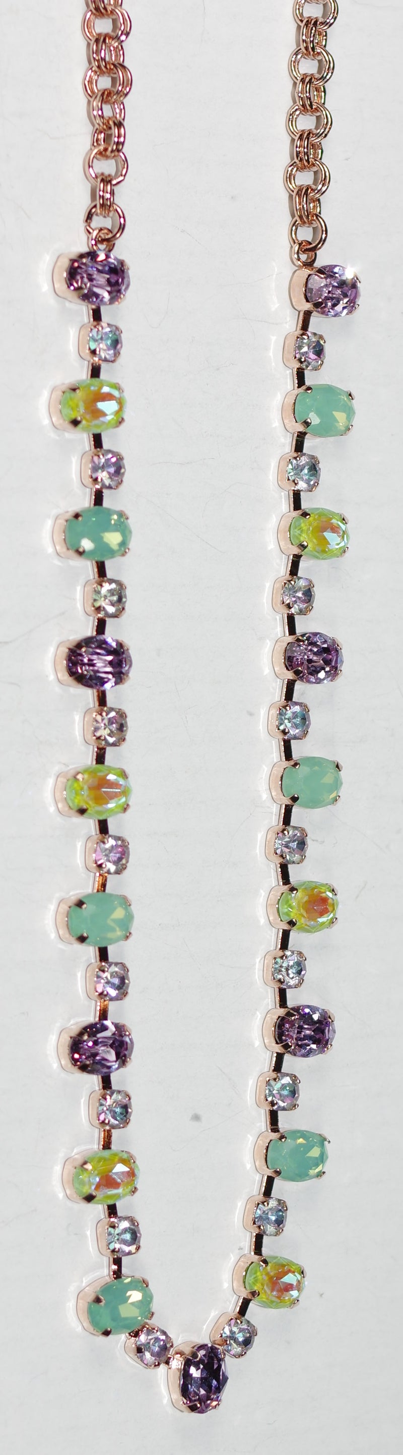 MARIANA NECKLACE MINT CHIP: green, purple, sun kissed stones in rosegold setting, 18" adjustable chain