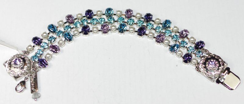 MARIANA BRACELET BLUE MOON: three strands, blue, pearl, purple stones in silver rhodium setting, safety chain