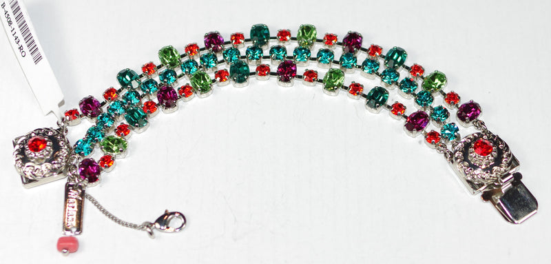 MARIANA BRACELET RAINBOW SHERBERT: three strands, blue, green, orange, pink stones in silver rhodium setting, safety chain