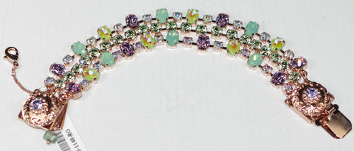 MARIANA BRACELET MINT CHIP: three strands, green, purple, sun kist stones in rose gold setting, safety chain