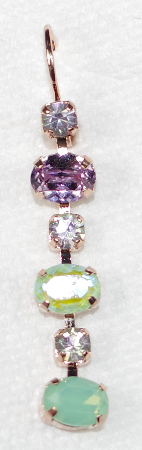 MARIANA EARRINGS MINT CHIP: green, purple, sun kissed stones in 1.5" rosegold setting, lever back