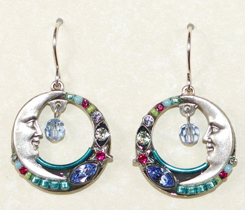 FIREFLY EARRINGS CELESTRIAL MOON AQUA: multi color stones in 3/4" silver setting, wire backs