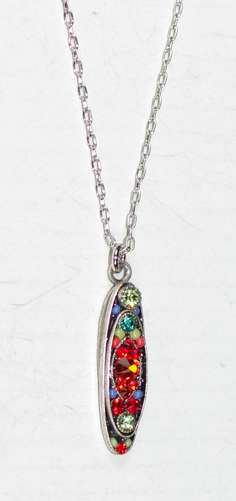 FIREFLY NECKLACE SPARKLE LONG PENDANT MC: multi color stones in 1" pendant, silver 18" adjustable chain