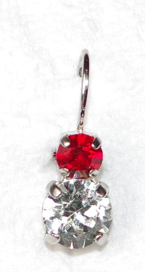 MARIANA EARRINGS: red, clear stones in 1/2" silver rhodium setting, lever back