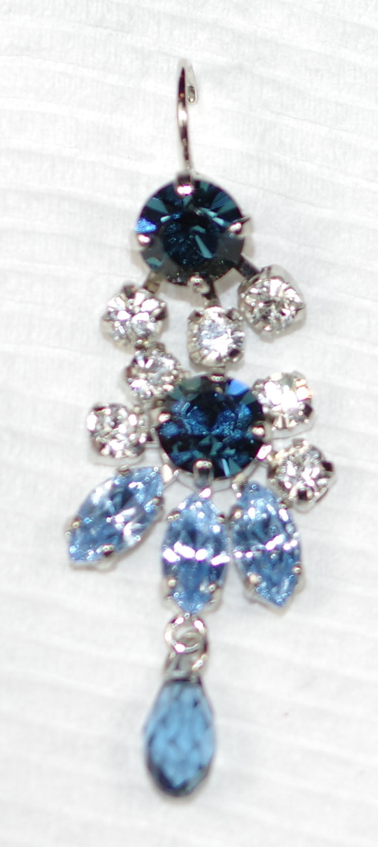 MARIANA EARRINGS NIGHT SKY: clear, light blue, dark blue stones in 2" silver rhodium setting, lever back
