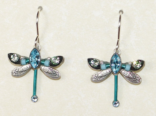 FIREFLY EARRINGS PETITE DRAGONFLY AQ: green, blue stones in 1/2" setting, french wire backs