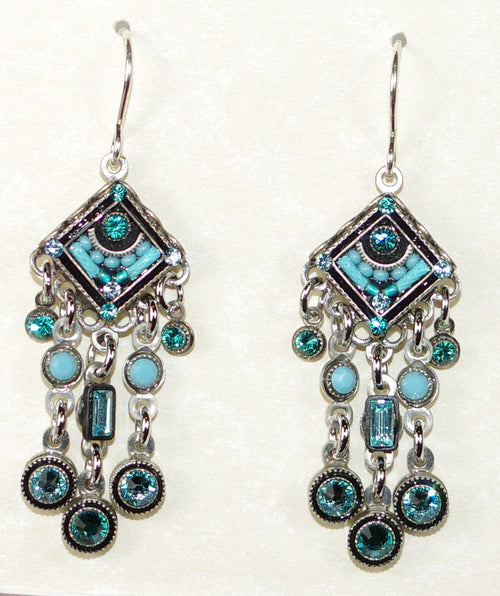 FIREFLY EARRINGS ARCH DIAMOND TURQ: blue color stones in 1.25" silver setting, wire backs