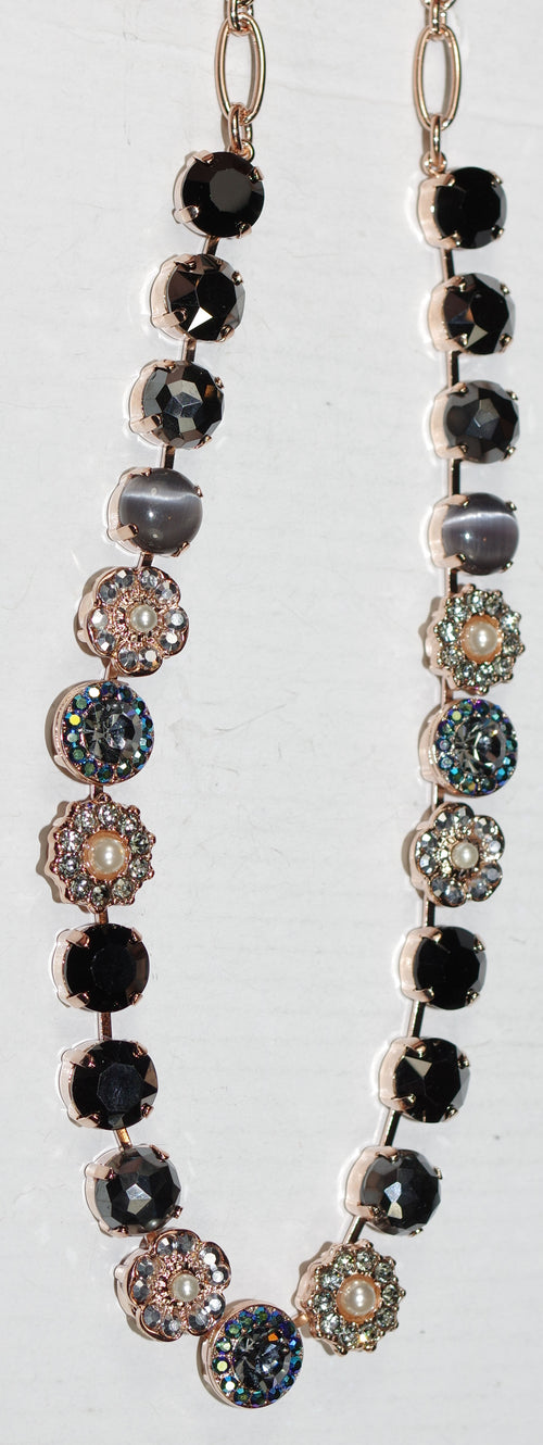MARIANA NECKLACE ROCKY ROAD: black, silver, blue, grey, pearl 1/2" stones in rose gold setting, 18" adjustable chain
