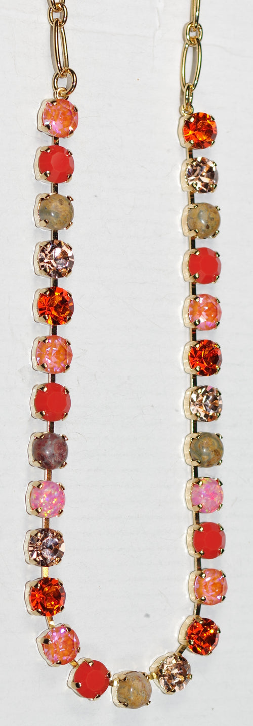 MARIANA NECKLACE BETTE MAGIC: pink, orange, simulated opal, amber, natural 1/4" stones in yellow gold setting, 17" adjustable chain