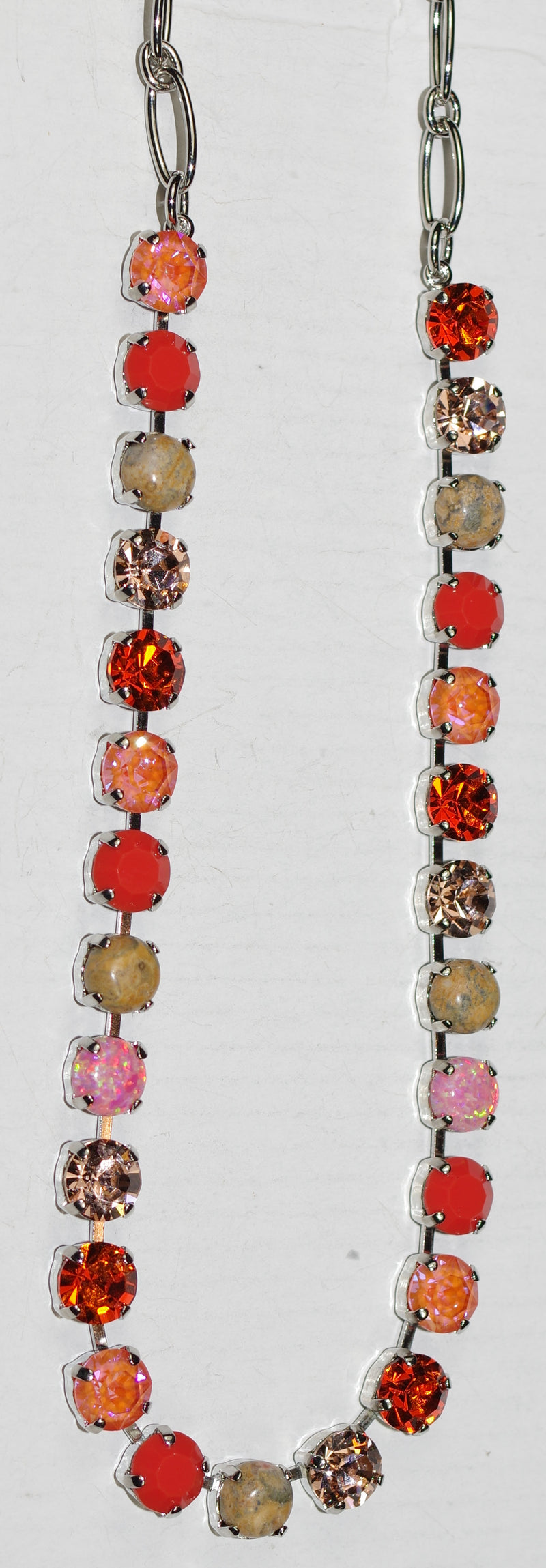 MARIANA NECKLACE BETTE MAGIC: orange, amber, natural 1/4" stones in silver rhodium setting, 17" adjustable chain