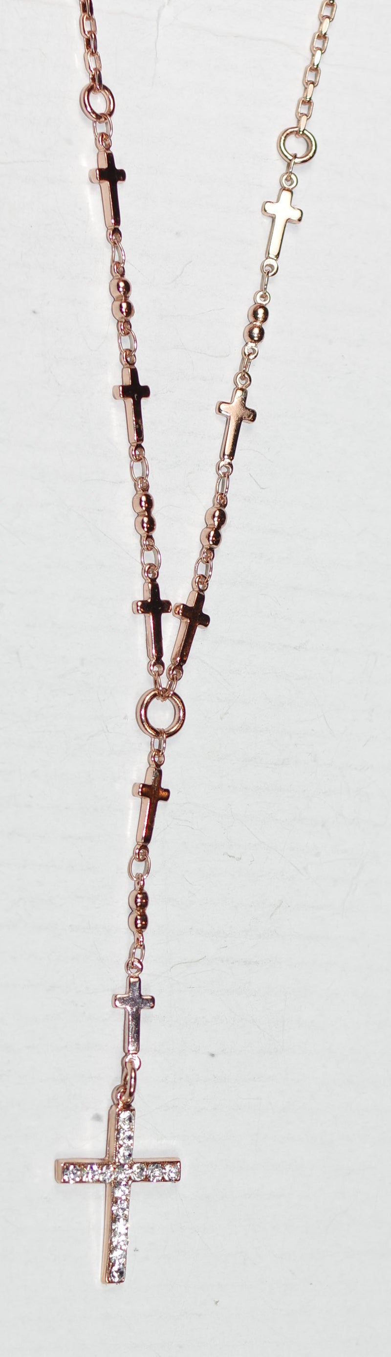 MARIANA CROSS NECKLACE ON A CLEAR DAY: clear stones in rose gold setting, 18" adjustable chain