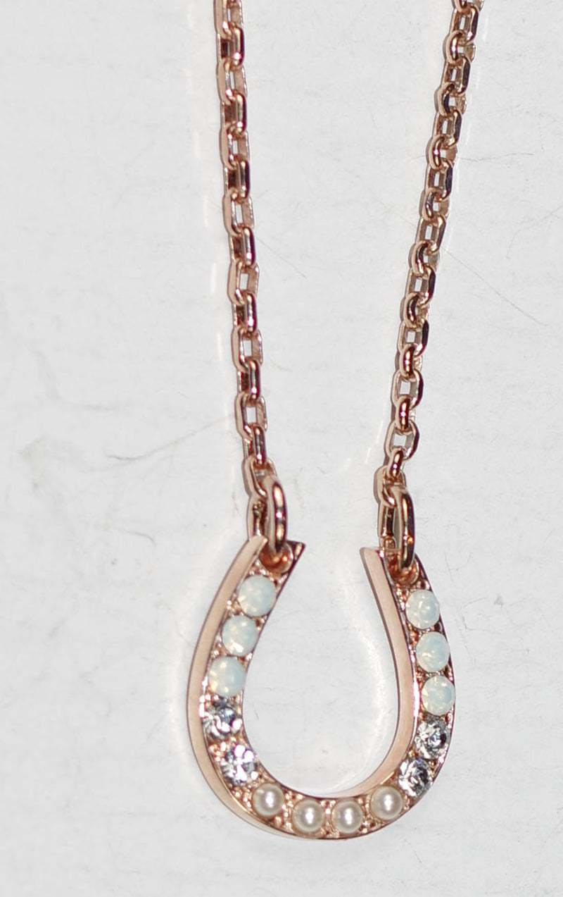 MARIANA PENDANT: pearl, white, clear stones in rose  gold setting, 3/4" pendant, 20" adjustable chain
