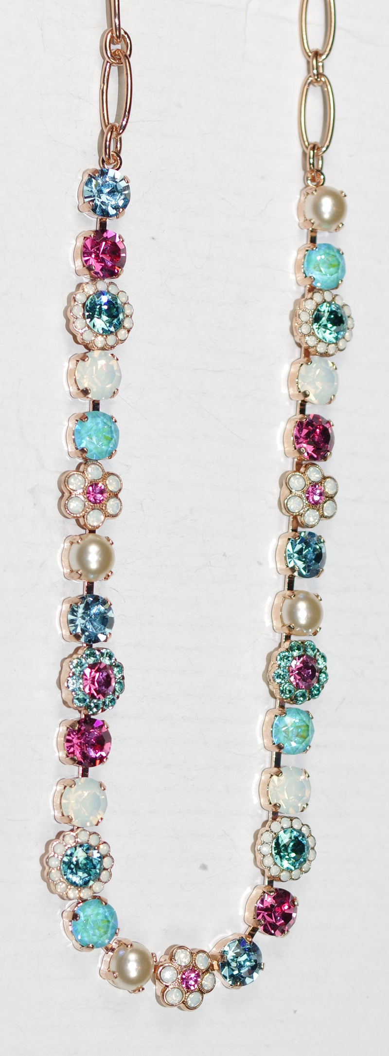 MARIANA NECKLACE BANANA SPLIT: white, pink, blue stones in rose gold setting, 18" adjustable chain