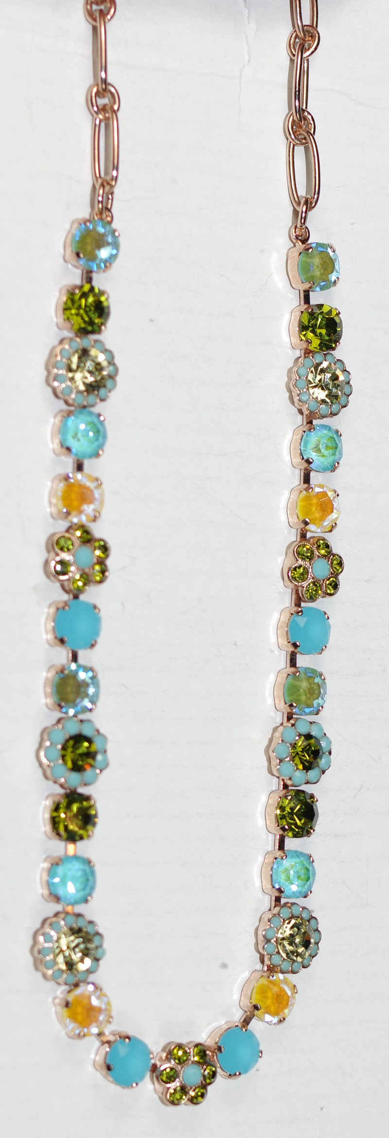 MARIANA NECKLACE PISTACHIO: blue, green, yellow stones in rose gold setting, 17" adjustable chain