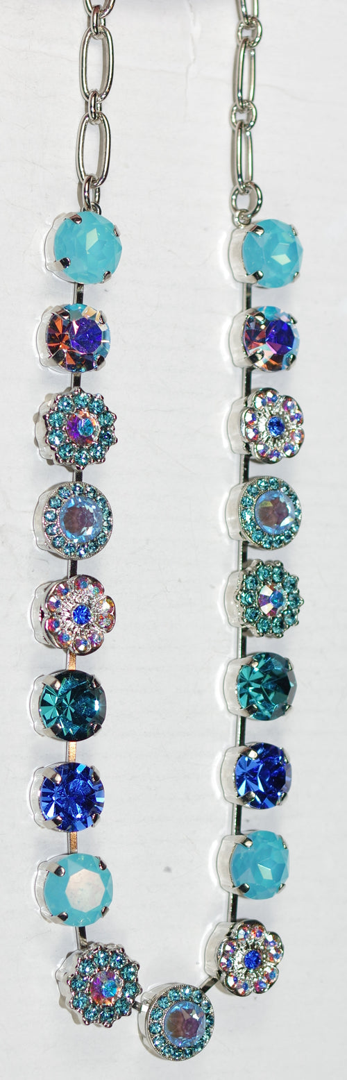 MARIANA NECKLACE TRANQUIL: blue, teal, a/b stones in silver rhodium setting, 17" adjustable chain