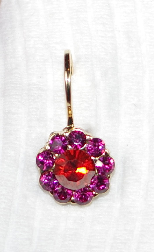 MARIANA EARRINGS HIBISCUS: red, pink stones in 3/8" yellow gold setting, lever back