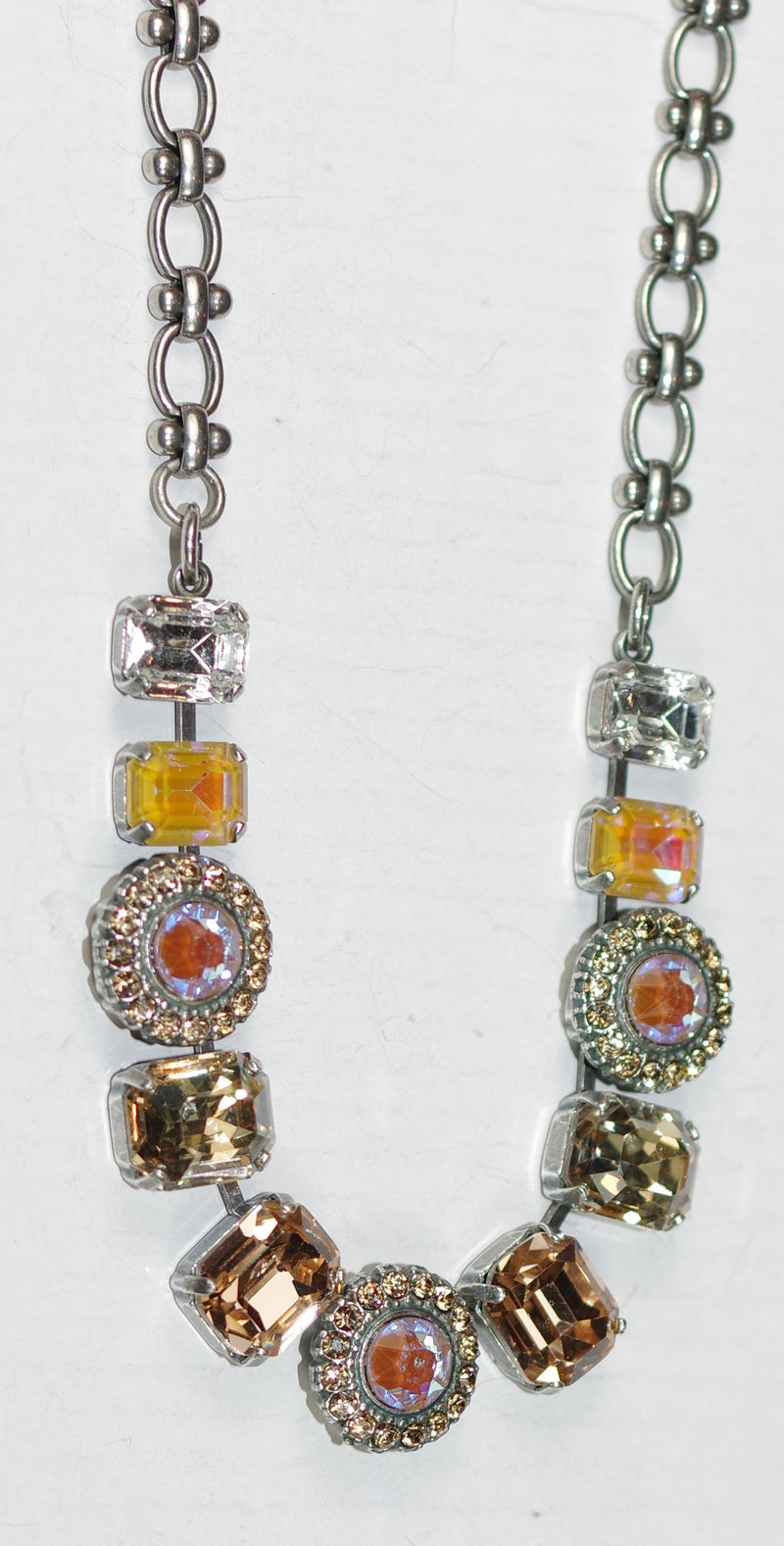 MARIANA NECKLACE BUTTER PECAN: amber, pink, clear stones in silver setting, 21" adjustable chain