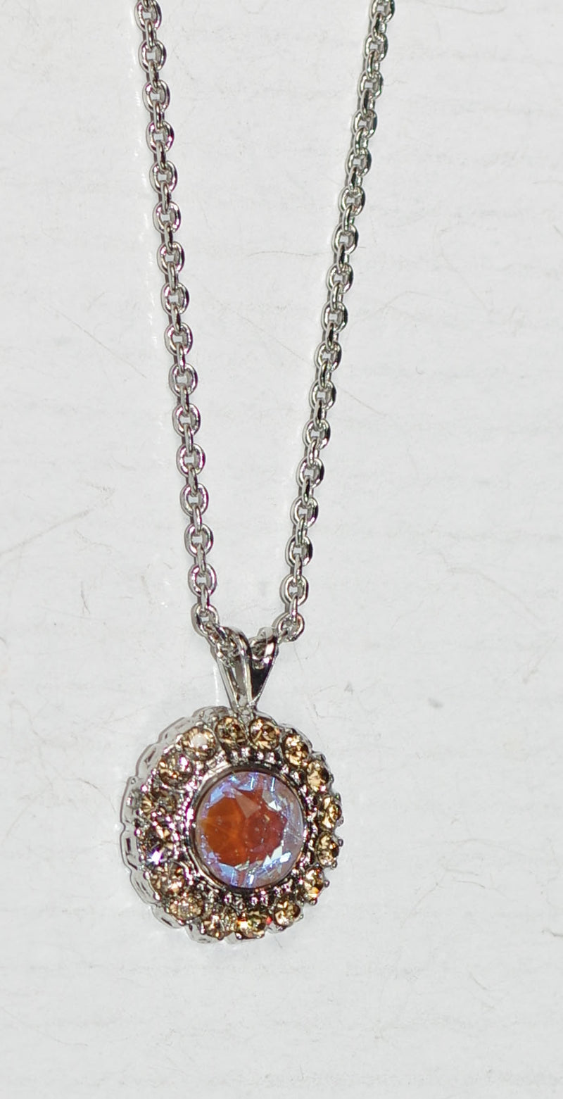 MARIANA PENDANT BUTTER PECAN: pink, amber stones in silver rhodium setting, 1/2" pendant, 20" adjustable chain