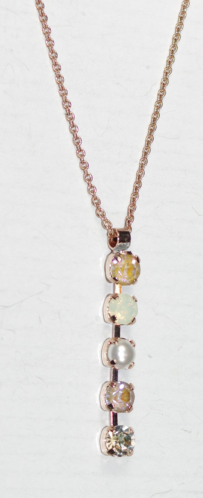 MARIANA PENDANT BUTTER PECAN: white, pink, pearl, clear, amber stones in 2" rose gold setting, 19" adjustable chain