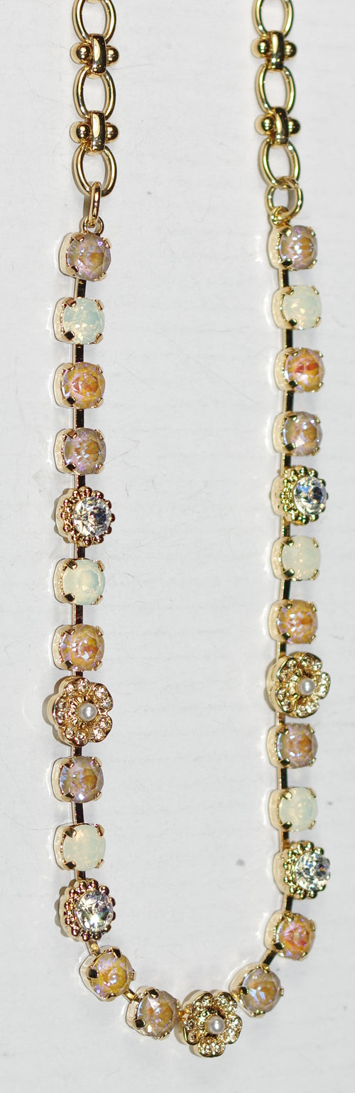 MARIANA NECKLACE BUTTER PECAN: white, pink, pearl, clear 1/4" stones in yellow gold setting, 20" adjustable chain