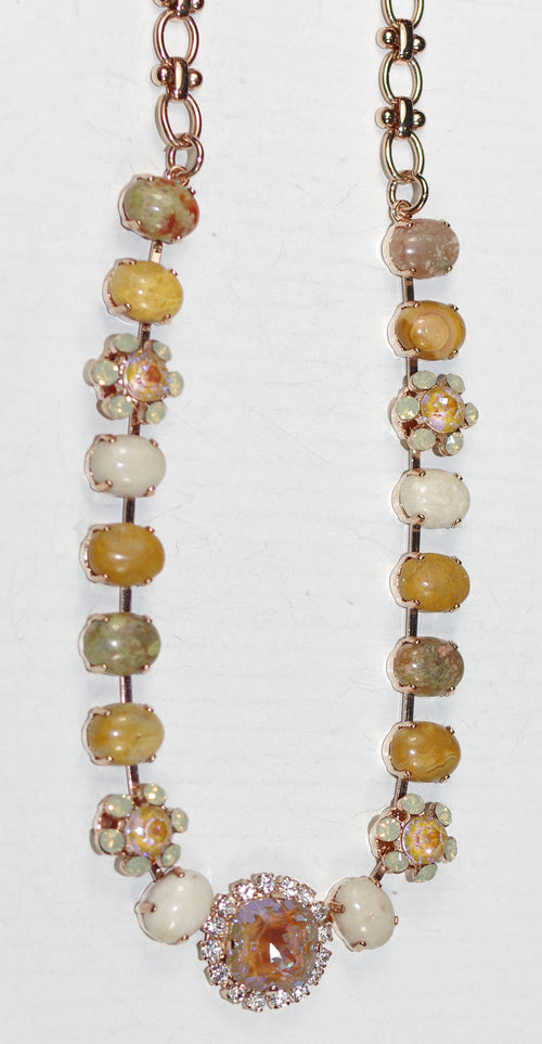 MARIANA NECKLACE BUTTER PECAN: amber, white, pink, clear, natural stones in rose gold setting, center stone = 3/4", 18" adjustable chain