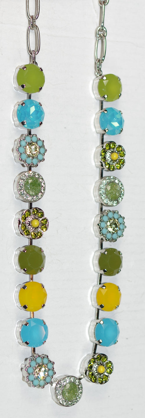 MARIANA NECKLACE PISTACHIO: blue, green, yellow 1/2" stones in silver rhodium setting, 17" adjustable chain