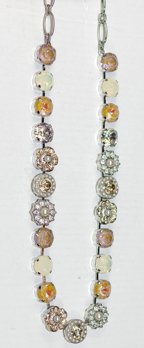 MARIANA NECKLACE BUTTER PECAN: amber, pearl, pink, white 1/2" stones in rhodium setting, 18" adjustable chain