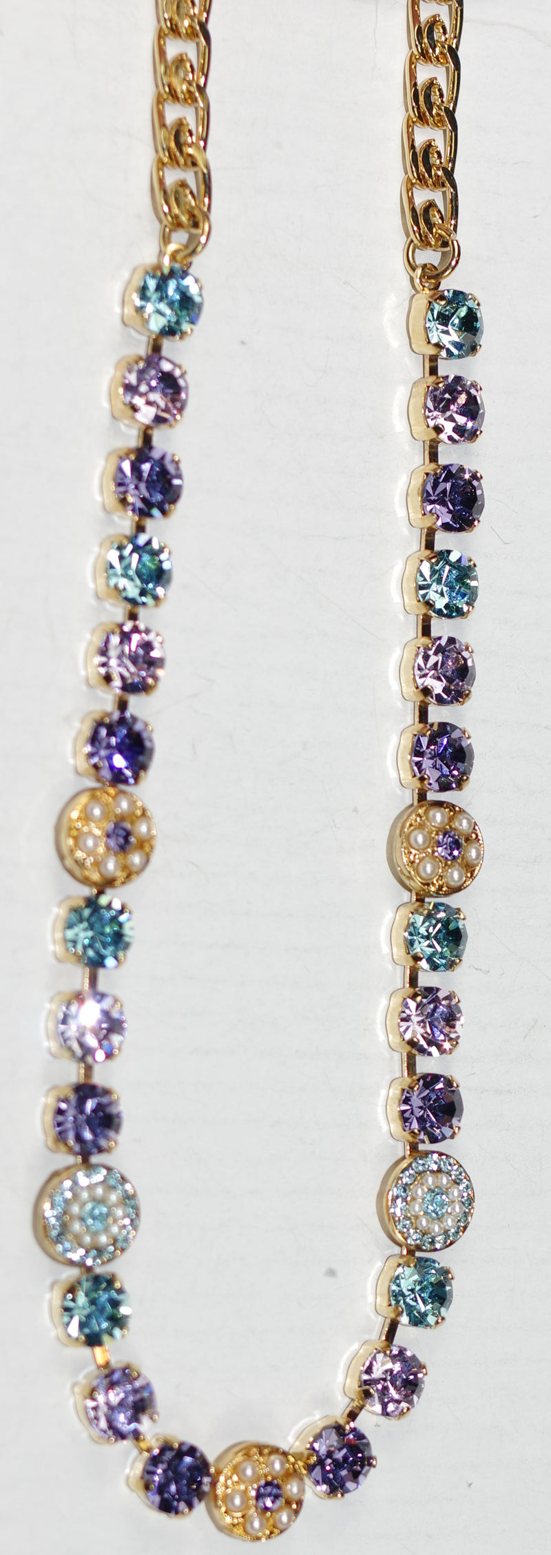 MARIANA NECKLACE BLUE MOON: lavender, blue, pearl stones in yellow gold setting, 17" adjustable chain