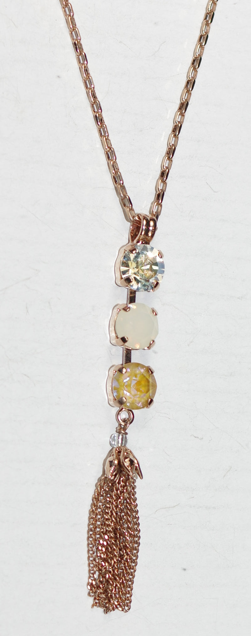 MARIANA PENDANT BUTTER PECAN: long white, clear, amber stones in 3" rose gold setting, 32" adjustable chain