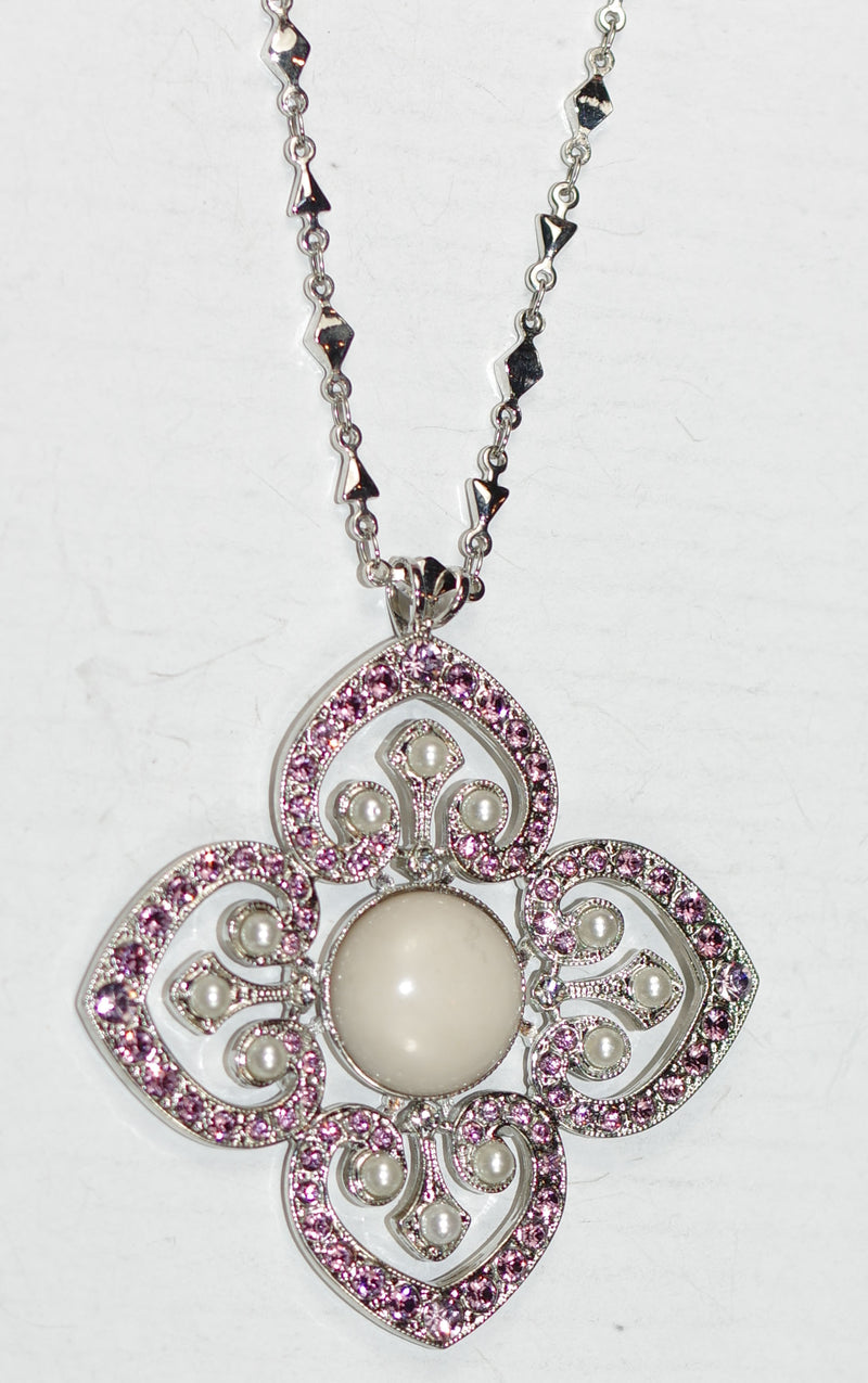MARIANA NECKLACE CAKE BATTER: white, pearl, pink stones in 2" silver rhodium setting, 32" adjustable chain