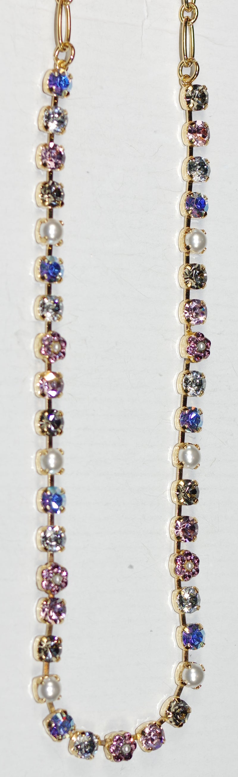 MARIANA NECKLACE CAKE BATTER: pearl, blue, pink, grey 1/4" stones in yellow gold setting, 18" adjustable chain