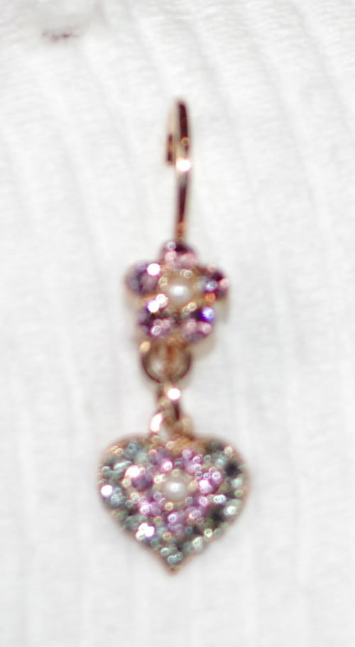 MARIANA EARRINGS CAKE BATTER: purple, pearl, pink stones in 3/4" rose gold setting, lever back