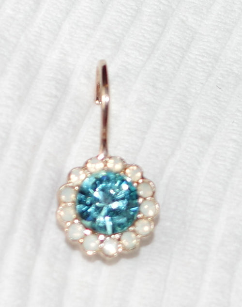 MARIANA EARRINGS BANANA SPLIT: blue, white stones in 1/2" rose gold setting, lever back